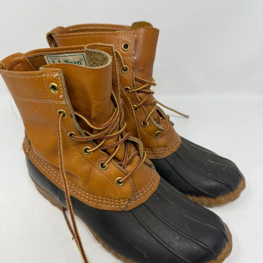VTG LL Bean Maine Hunting Shoe Womens 7 Duck Boots Tan Leather Rubber USA Made